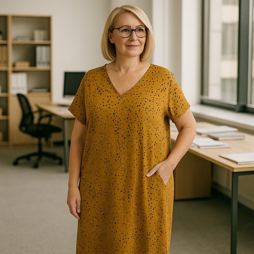 Garnet Hill Mustard Tencel Blend V-Neck Pocket Dress Size L Animal Print Office